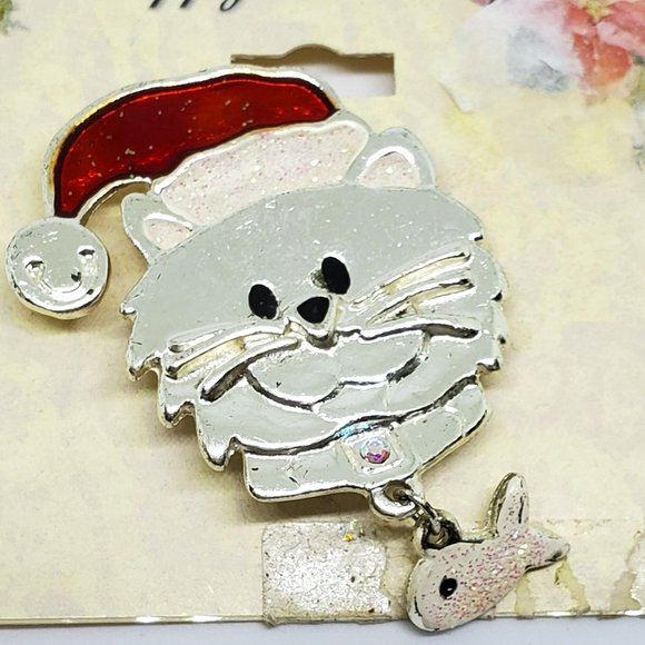 Cat Kitten Wearing Santa Hat Holding Dangling Fish Holiday Christmas Pin Brooch - Picture 5 of 6